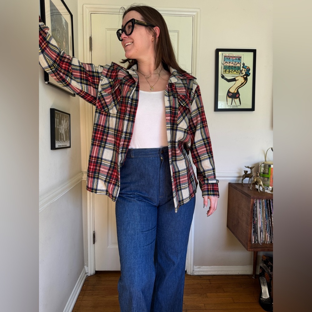 70s Vintage Jc Penney Loop Collar Wool Blend Plaid Flannel - Picture 2 of 7